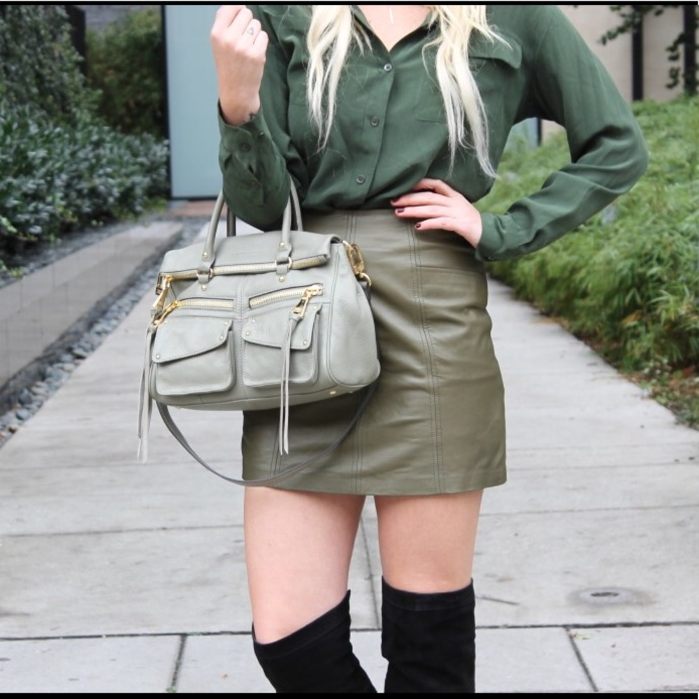 Olive green leather mini skirt